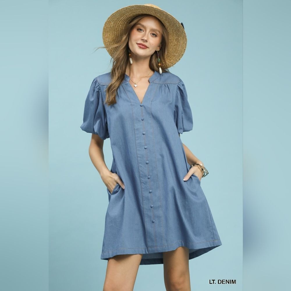 Umgee Chambray Puff Sleeve Blue Light Denim Dress Sz Medium [6/8]